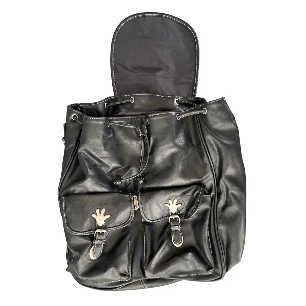 Walt Disney World Mickey Mouse Black Faux Leather Rucksack Backpack Vintage